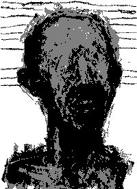 A high-contrast black and white stylized portrait illustration of a person.