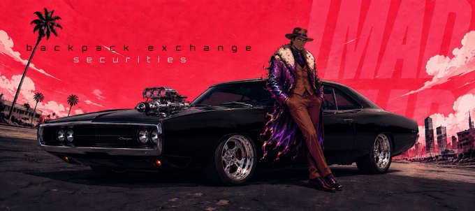 A stylized promotional image featuring a figure in a fur-collared leather coat and wide-brimmed hat leaning against a black muscle car with an exposed supercharger, set against a pink sky with palm trees and city skylines. The text "backpack.exchange securities" appears on the left, with a faint "MAD LADS" watermark in the background, tying into the post's reference to the Mad Lads NFT collection and Backpack crypto exchange partnership.