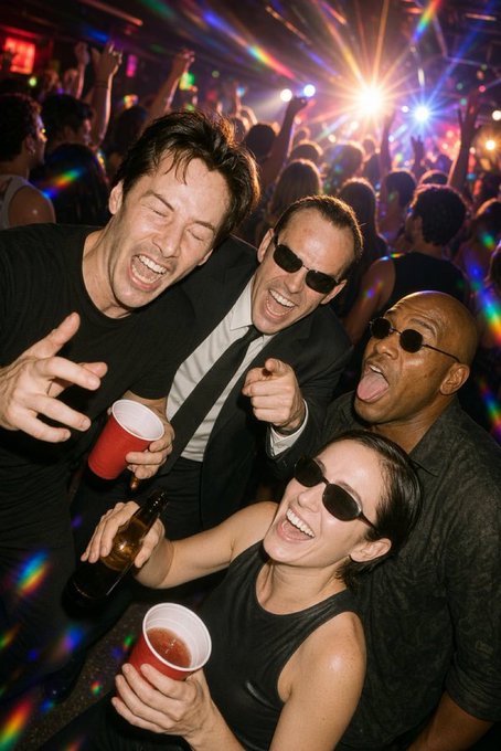 A group of four people pose enthusiastically at a nightclub, smiling and laughing while holding red plastic cups and a beer bottle, with disco lighting in the background.