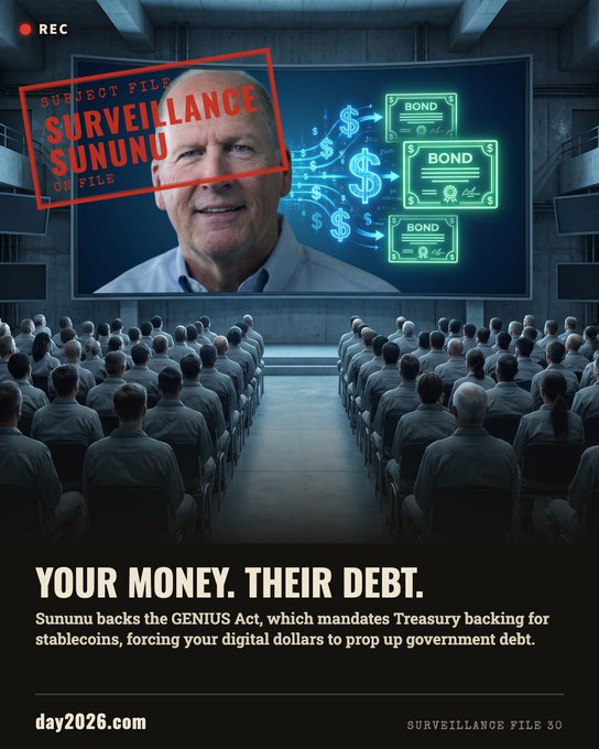 A political advertisement titled 'SURVEILLANCE SUNUNU' showing a man's face on a screen labeled 'SUBJECT FILE' with bonds, captioned 'YOUR MONEY. THEIR DEBT.' criticizing support for the GENIUS Act, with website day2026.com.