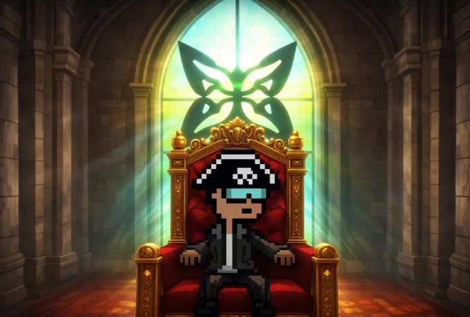 The image features a cartoon character sitting on a red chair with gold trim, wearing a pirate hat and glasses. The character appears to be looking out of an arched window or doorway into another room. The background includes a castle-like setting with columns and a stained glass window. The caption reads "gQuip Guys! Most people see @quipnetwork as a way to protect against the quantum future. I see it as a way to prepare for it. Security is only the first step. The bigger opportunity is giving people access to the computing power that could reshape AI, optimization, and".