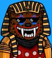 A pixel-art character avatar with a blue face, sharp teeth, and a red bandana, wearing a red shirt with white polka dots and a tan pharaoh-style striped headdress.