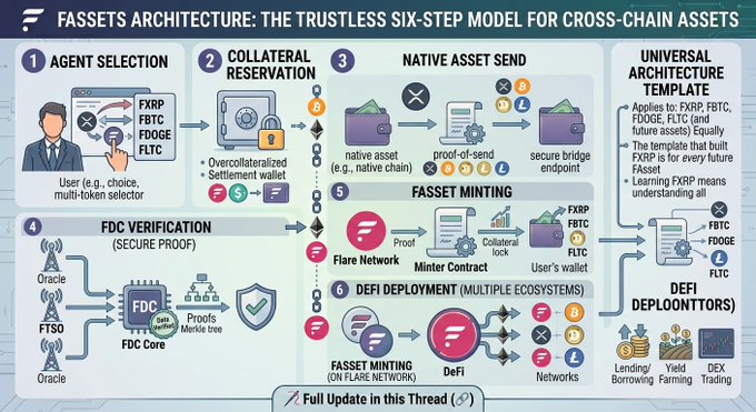 An infographic titled 'FASSETS ARCHITECTURE: THE TRUSTLESS SIX-STEP MODEL FOR CROSS-CHAIN ASSETS' showing processes like Agent Selection, Collateral Reservation, FDC Verification, and Fasset Minting for assets like FXRP, FBTC, FDOGE, and FLTC on the Flare Network.