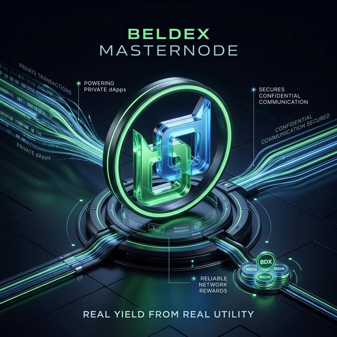 A promotional graphic for 'BELDEX MASTERNODE' featuring a green and blue 3D logo with text reading 'POWERING PRIVATE dApps', 'SECURES CONFIDENTIAL COMMUNICATION', 'RELIABLE NETWORK REWARDS', and 'REAL YIELD FROM REAL UTILITY', along with BDX coin icons.