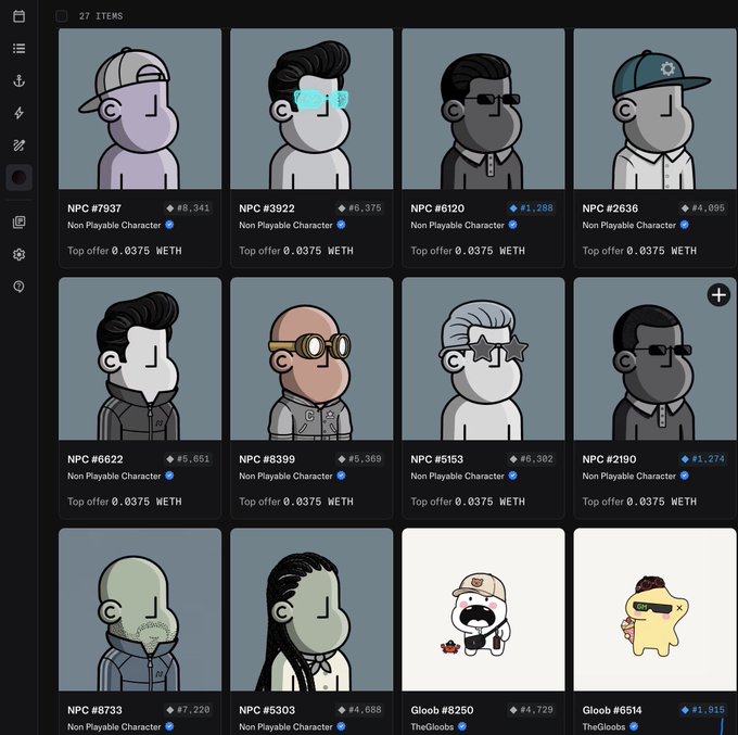 An NFT collection gallery interface showing 27 items of cartoon-style 'Non Playable Character' avatars labeled NPC #7937 through NPC #8733, plus Gloob #8250 and Gloob #6514 from TheGloobs, each with a top offer of 0.0375 WETH.