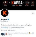 A Twitter/X profile page for the verified account 'Kapsa' (@KapsaFP) with the tagline 'Turning crypto attention into on‑chain marketization,' showing a Joined November 2020 date.