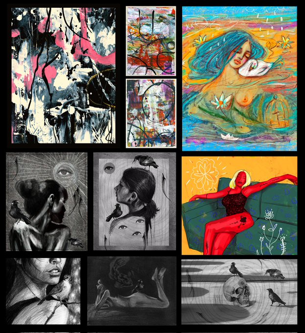 The image features a collection of nine different artworks, including black and white photos as well as colorful paintings. The artworks depict various subjects such as people, animals, flowers, and abstract designs. One of the artworks shows a woman with a flower tattoo on her arm, while another depicts a bird in flight.

The post is titled "Gm and happy #TEZOSTUESDAY My world on @objktcom My hand drawing & abstract paintings objkt.com/users/tz1YEchW". The post seems to be promoting an art exhibition or showcasing the artist's work, as it includes a diverse range of subjects and styles in its collection.