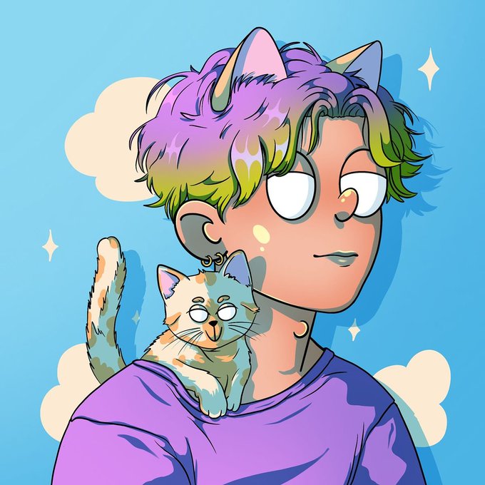 An anime-style illustration depicts a person with purple and green hair and cat ears, wearing a purple shirt, with a calico cat resting on their shoulder against a blue sky with clouds.