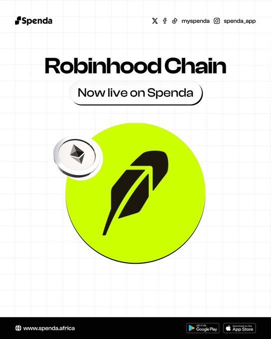 A promotional graphic for Spenda announcing "Robinhood Chain Now live on Spenda," featuring an Ethereum coin and a feather/quill logo on a green circle, with www.spenda.africa and app store links.