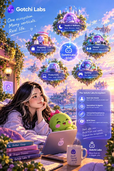 A promotional graphic for 'Gotchi Labs' featuring a girl with a green mascot character on a laptop, showcasing their ecosystem with categories: Health & Wellness, Shopping, Fitness, Productivity, and Gaming, tied to the $GCHI token.