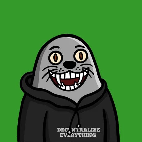 A cartoonish illustration of a character wearing a grey shark mask and a black hoodie against a bright green background, with the text 'DECENTRALIZE EVERYTHING' on the hoodie.