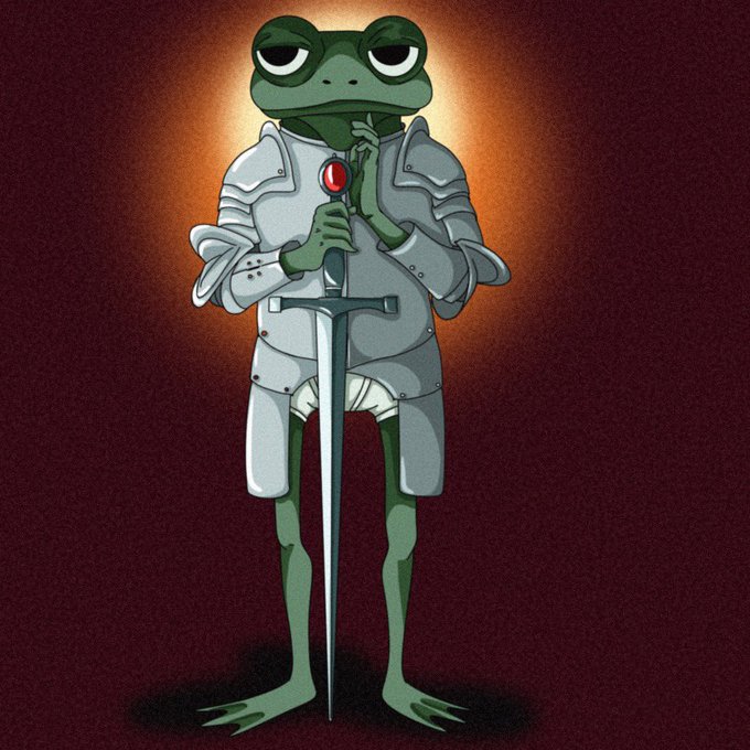An illustration of a green frog dressed in medieval knight's armor, holding a sword with a red gem pommel, standing against a dark red background with a glowing halo behind its head.