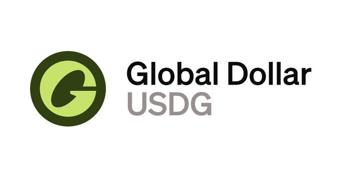 The image displays the "Global Dollar USDG" logo, featuring a stylized green circular emblem alongside the bold black and gray text, representing the stablecoin token highlighted as Robinhood Chain's native asset in the accompanying post.