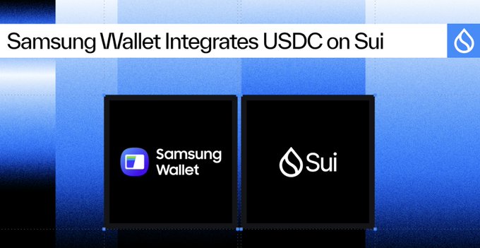 Graphic announcement stating "Samsung Wallet Integrates USDC on Sui" with logos for both companies.