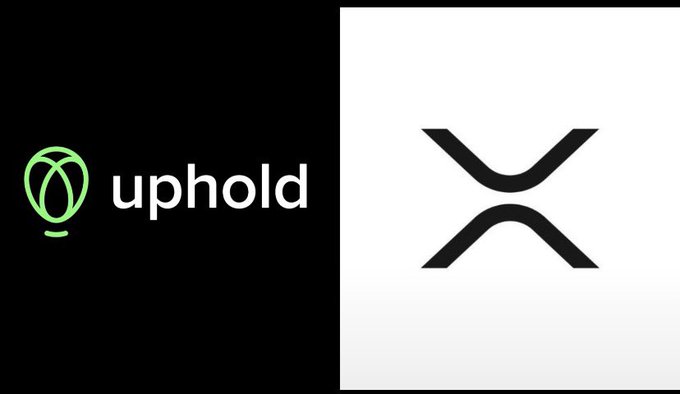 A split-screen graphic displays the logos for "uphold" (green) and XRP (black on white).