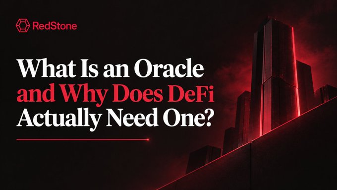 A RedStone promotional banner with the headline 'What Is an Oracle and Why Does DeFi Actually Need One?' against a dark background with red-lit buildings.