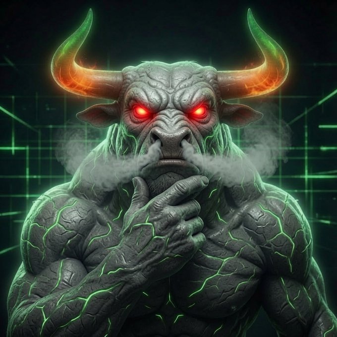 A fearsome minotaur with glowing red eyes and fiery horns exhales smoke while cracking its knuckles, radiating raw power and intensity. The image embodies the post's bullish, hype-driven energy, visually comparing the dominance and unstoppable momentum of $LEVI to that of a beast ready to charge—much stronger than $ANSEM.