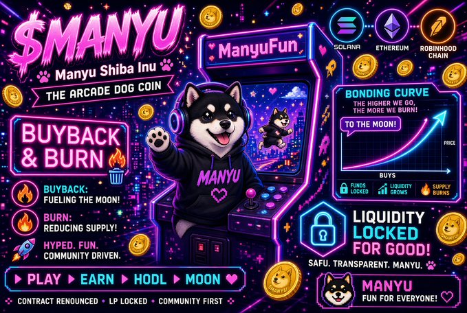 Promotional graphic for the $MANYU cryptocurrency, also labeled 'Manyu Shiba Inu' and 'The Arcade Dog Coin,' featuring a Shiba Inu at an arcade machine, with sections for 'Buyback & Burn,' 'Liquidity Locked,' and tokens on Solana, Ethereum, and Robinhood Chain.