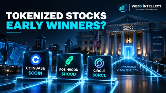 A graphic titled "TOKENIZED STOCKS EARLY WINNERS?" displays three illuminated cubes featuring Coinbase ($COIN), Robinhood ($HOOD), and Circle ($CRCL), set against a backdrop of the SEC building with arrows labeled "Traditional Finance," "Onchain," and "Tokenized Markets," visually highlighting the companies identified as positioned to benefit from the SEC's new tokenized-stock framework.