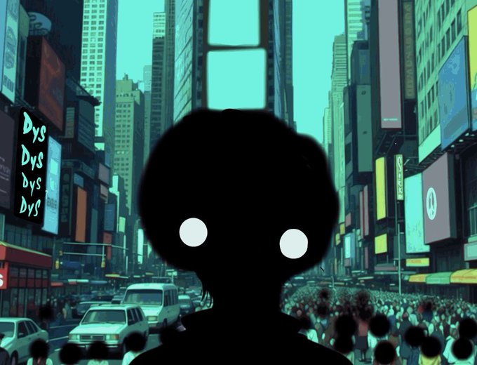 A silhouette of a person with bright white eyes stands in front of a bustling city street resembling Times Square, surrounded by crowds, cars, and illuminated billboards displaying "Dys" and other text. The image evokes a sense of an observer in a busy urban environment, fitting the theme of scanning through many mint releases to find the ones worth paying attention to.