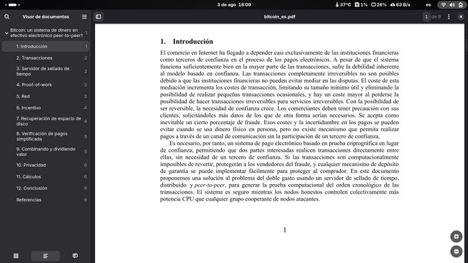 A screenshot of a PDF document titled 'bitcoin_es.pdf' showing a Spanish-language academic paper about Bitcoin as a trust-based electronic payment system, with the introduction section displayed.
