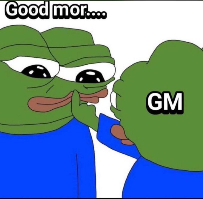 A sad Pepe the Frog meme with large teary eyes whispering 'Good mor....' to another frog labeled 'GM', referencing the crypto community's common 'Good Morning' greeting.