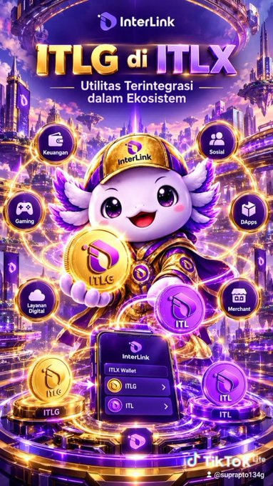 A colorful promotional graphic for 'InterLink' featuring the text 'ITLG di ITLX - Utilitas Terintegrasi dalam Ekosistem' alongside a cartoon mascot and various app category icons.