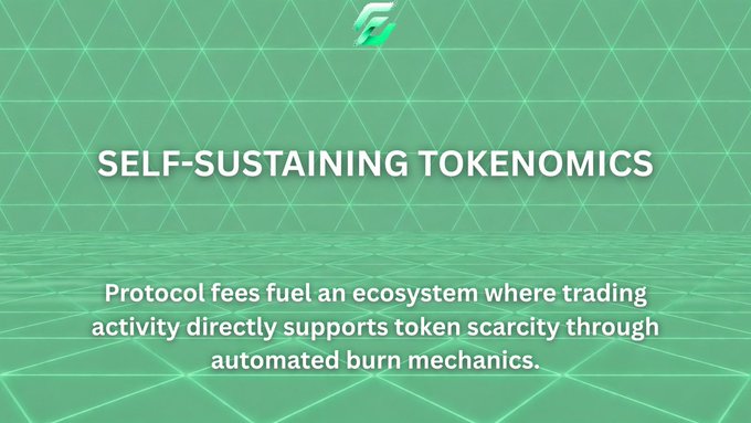 The image displays a green geometric background with the heading "SELF-SUSTAINING TOKENOMICS" and explanatory text stating "Protocol fees fuel an ecosystem where trading activity directly supports token scarcity through automated burn mechanics." This visual reinforces the post's message about Pump.fun fees strengthening the Fyzion protocol by illustrating the token burn mechanism that creates scarcity through trading activity.