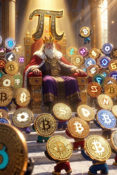 A regal digital illustration of a crowned king seated on a golden throne, surrounded by an overwhelming pile of various cryptocurrency coins including Bitcoin, Ethereum, and others, with a large Pi symbol behind him.