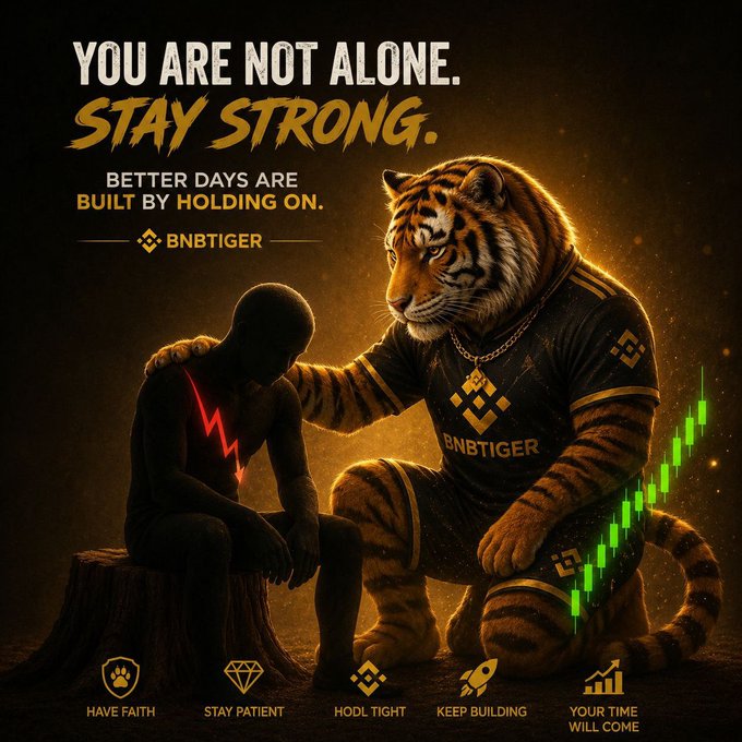 A motivational BNBTIGER cryptocurrency poster featuring an anthropomorphic tiger comforting a sad figure, with the text 'YOU ARE NOT ALONE. STAY STRONG.' and tips like 'HODL TIGHT' alongside a green price chart.