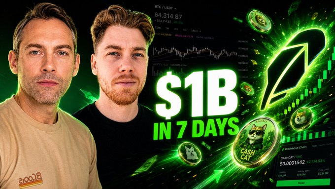 The image displays two men next to a large "$1B IN 7 DAYS" graphic set against a backdrop of a Bitcoin (BTC/USDT) chart and green crypto animations featuring "CASH CAT" and Dogecoin, visually reinforcing the post's claim that Robinhood Memecoins have reached $1 billion.