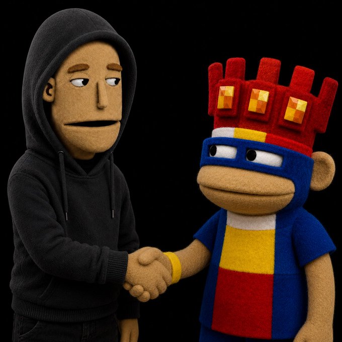 The image features a man wearing a black hoodie shaking hands with a stuffed monkey, both dressed in colorful outfits. The background of the image is black, which contrasts with the vibrant colors of their clothing. The caption for this image reads "MuppetPunks OrdinalsNFT Across chains. Across worlds. A special collaboration bringing together the Bitcoin and Ethereum communities." This post seems to be promoting a collaboration between two different communities or projects, possibly related to cryptocurrencies like Bitcoin and Ethereum.