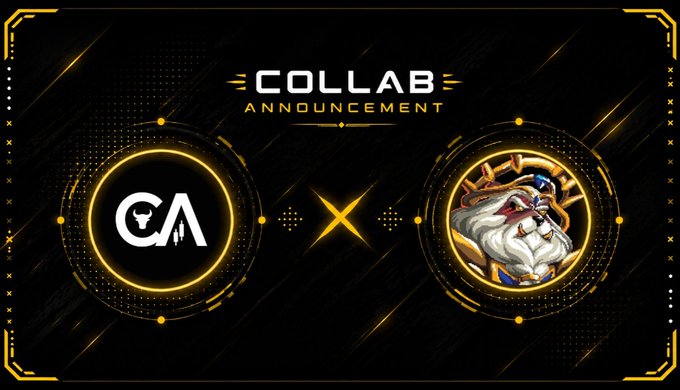 A "COLLAB ANNOUNCEMENT" graphic featuring two glowing golden circular logos connected by a cross and an "X" on a black tech-style background.