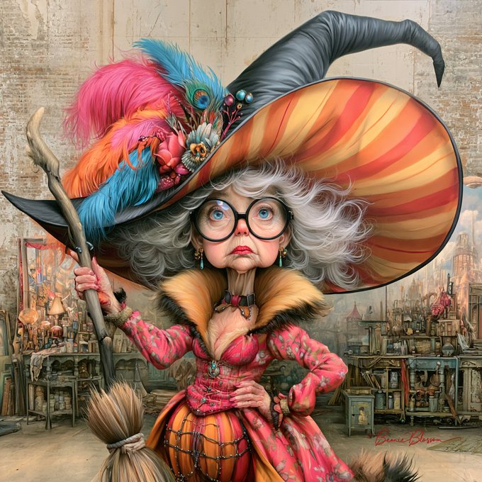 A colorful digital painting of an elderly witch with gray curly hair, round glasses, and an elaborate orange-striped witch hat adorned with colorful feathers, holding a broomstick in a cluttered workshop setting.