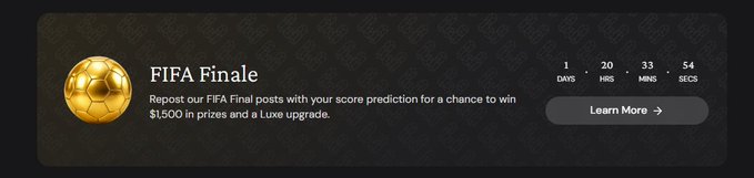 A promotional banner from Etherfi advertises a "FIFA Finale" contest where users can repost their score predictions to win a share of $1,500 in prizes and a Luxe upgrade, with a countdown showing 1 day, 20 hours, 33 minutes, and 54 seconds remaining. The image ties directly into the post's prediction of a Spain World Cup victory with a 1-2 scoreline, aligning with the contest's prize structure of splitting $1,500 among four winners plus a Tier Luxe reward.