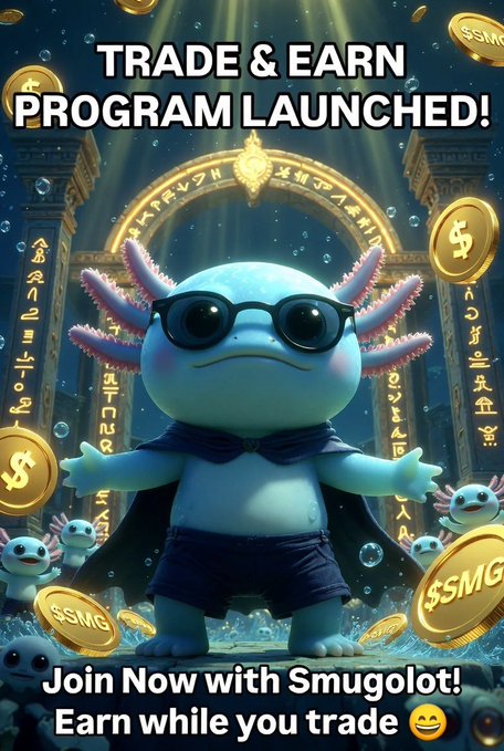 A cartoon axolotl wearing sunglasses and a cape stands in front of an ornate glowing gateway, surrounded by floating gold coins marked "$SMG," with the text "TRADE & EARN PROGRAM LAUNCHED! Join Now with Smugolot! Earn while you trade" promoting the $SMG memecoin's trade-to-earn rewards system highlighted in the post.