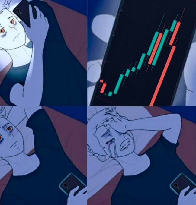 A pale, wide-eyed cartoon character nervously checks their phone, sees a candlestick chart showing a sharp decline followed by a brief rise, and then collapses in despair as the chart crashes down further. The four-panel meme humorously captures the emotional rollercoaster of checking a volatile stock chart, perfectly illustrating the "true story" caption by depicting the relatable panic and despair of watching investments plummet.