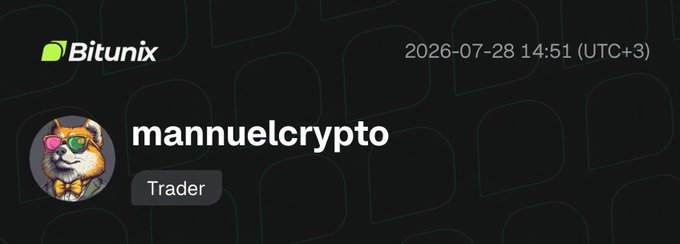 A Bitunix platform header for user 'manuelcrypto' labeled as a 'Trader' with a date and time of 2026-07-28 14:51 (UTC+3).