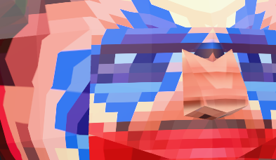 Low-poly digital artwork featuring a stylized portrait composed of geometric triangular facets in shades of red, blue, and beige.