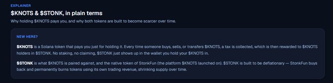 A dark-themed informational graphic titled '$KNOTS & $STONK, in plain terms' explains that $KNOTS is a Solana tax token that pays holders and pairs against the deflationary $STONK token on StonkKun.