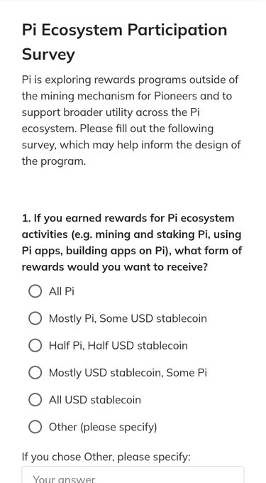 The image displays a "Pi Ecosystem Participation Survey" from Pi Network, featuring the first question about preferred reward formats—offering options ranging from "All Pi" to "All USD stablecoin" with various combinations in between. The footnote tone of the accompanying post ("mark the 1 million dollar question") humorously highlights this survey's significance to Pi holders eager for ecosystem reward details.