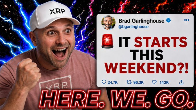An animated man wearing an "XRP" cap excitedly reacts beside a tweet from Brad Garlinghouse (@bgarlinghouse) reading "IT STARTS THIS WEEKEND?!" with 24.7K comments, 96.3K retweets, and 143K likes, accompanied by the bold text "HERE. WE. GO." against a dramatic lightning backdrop — visually conveying the post's message that XRP's massive total addressable market in cross-border payments remains underpriced.