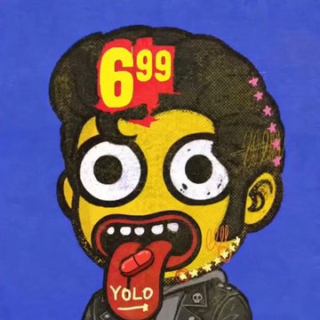 An illustration of a yellow-faced character with large eyes, a tongue sticking out that reads 'YoLo', and a red price tag displaying '6.99'.
