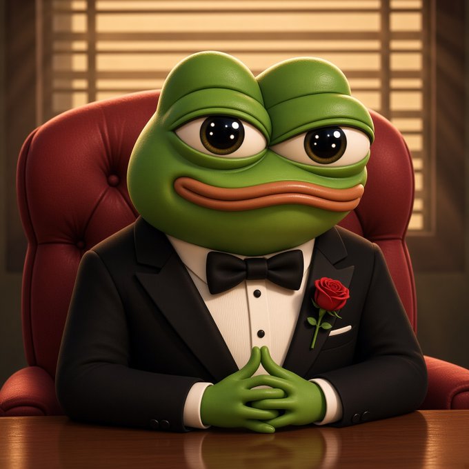A dignified Pepe the Frog in a tuxedo sits confidently in a leather chair, hands clasped like a mastermind plotting his next move—mirroring the poster's pitch about launching their own token after profiting off other memecoins.