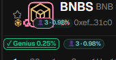 The image shows a crypto plugin interface displaying a token named "BNBS" with a 3.98% transaction tax and a contract address (0xef...31c0), along with a "Genius 0.25%" indicator featuring a green checkmark. This visual directly demonstrates the plugin's newly added feature mentioned in the post, allowing users to verify the correct Genius tax distribution for the token.