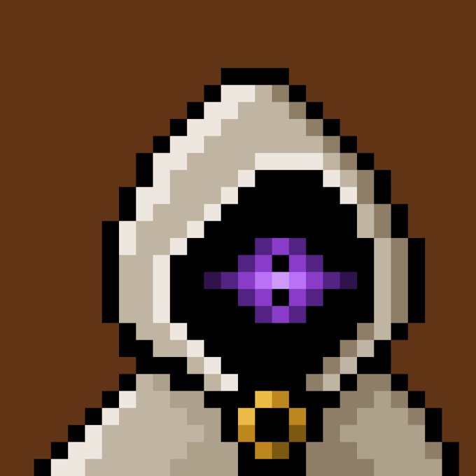 Pixel art image of a hooded figure with a dark, empty face cavity featuring a glowing purple cross-shaped symbol, with a gold pendant around its neck.