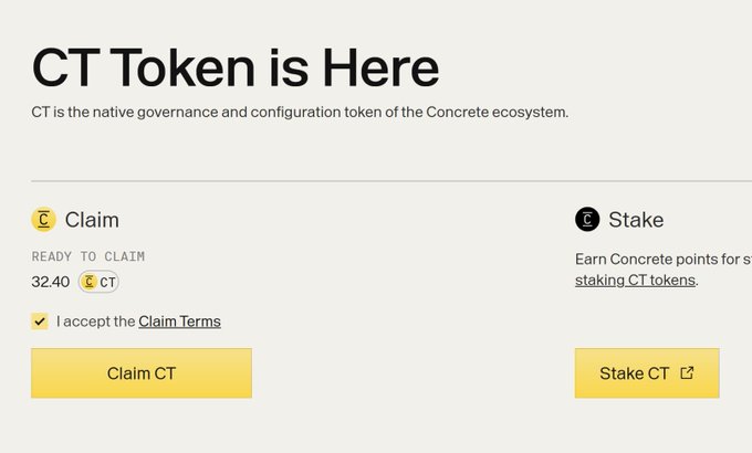 A webpage screenshot announcing 'CT Token is Here' for the Concrete ecosystem, showing a claim section with 32.40 CT ready and options to Claim CT or Stake CT.