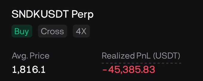 The image shows a trading position summary for SNDKUSDT Perp, displaying a buy order with 4X cross leverage at an average price of 1,816.1, resulting in a realized PnL of -$45,385.83 (shown in red). This visualizes the trader's significant loss mentioned in the caption, where their stop-loss was hit on SanDisk (SNDK), reflecting their philosophical approach to openly sharing losses alongside wins.