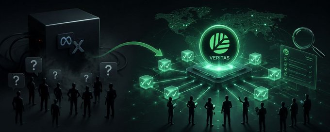 A conceptual illustration shows silhouettes of people transitioning from a black "Meta X" centralized cube on the left to a glowing green "VERITAS" decentralized verification hub on the right, which connects to checkmarked approval symbols, a world map network, and a magnifying glass icon. The visual contrasts opaque centralized control with transparent, auditable truth-verification on a virtual chain, directly supporting the post's point about decentralizing referee logic so anyone can audit outcomes.