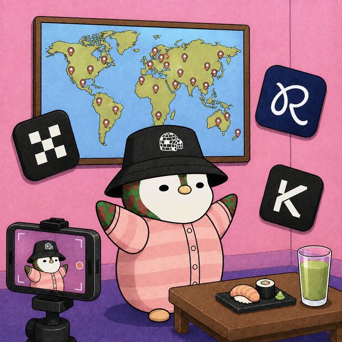 Cute illustrated scene of a penguin-like character wearing a camouflage bucket hat and pink striped outfit, filming itself with a camera on a tripod, with a world map showing location pins and app icons (X, K) floating in the pink room, plus sushi and matcha on the table.